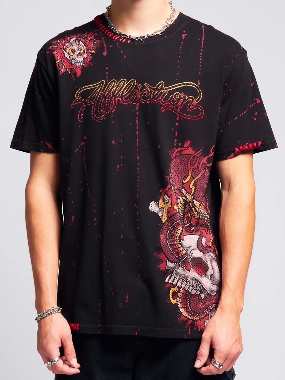 NWT Affliction Black Label Black Red Tee Rhinestone Skull & Snake Graphics